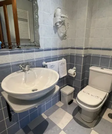 Baño con, espejo, secador de pelo, lavabo e inodoro